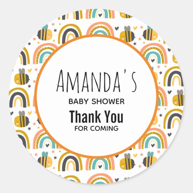 Cute Bumble Bee and Rainbows Pattern Baby Shower Classic Round Sticker (Front)