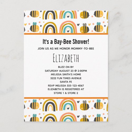 Cute Bumble Bee and Rainbows Pattern Baby Shower Invitation Postcard