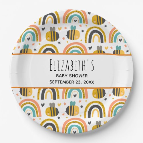 Cute Bumble Bee and Rainbows Pattern Baby Shower Paper Plates