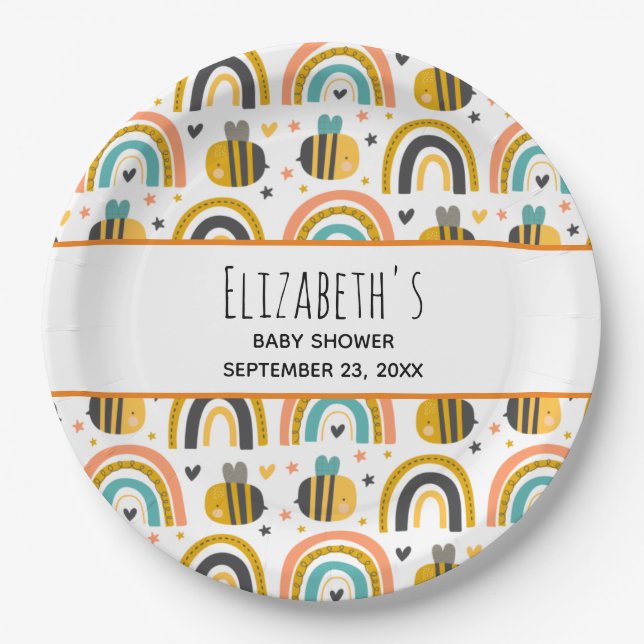 Cute Bumble Bee and Rainbows Pattern Baby Shower Paper Plates (Front)