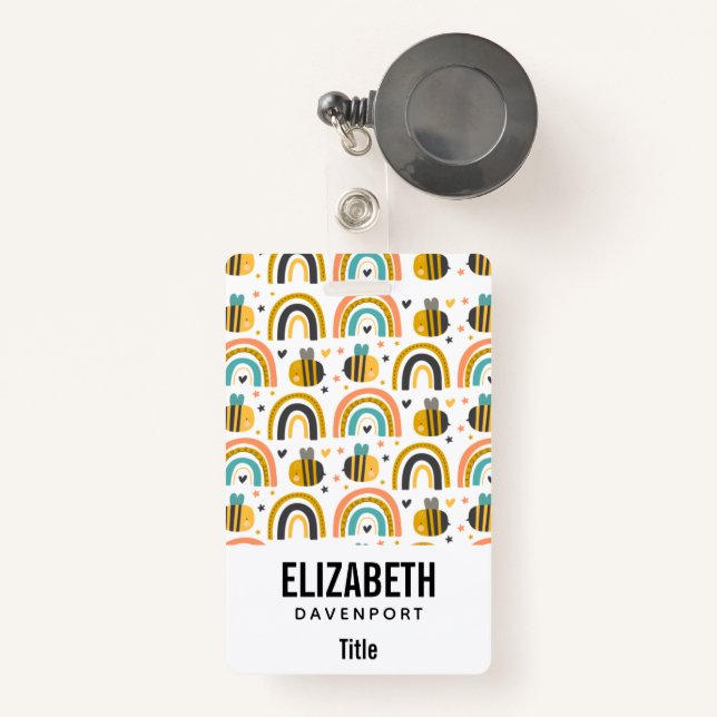 Cute Bumble Bee and Rainbows Pattern Badge (Front with Retractable)