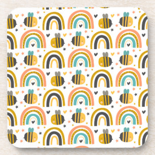 Cute Bumble Bee and Rainbows Pattern Beverage Coaster