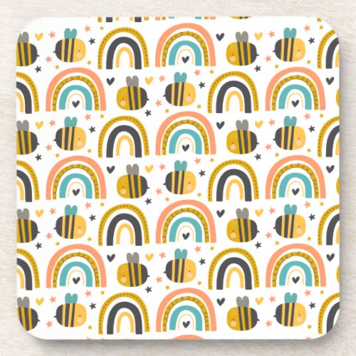 Cute Bumble Bee and Rainbows Pattern Beverage Coaster