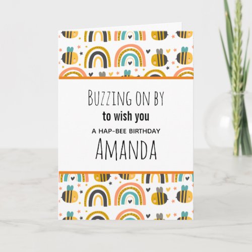 Cute Bumble Bee and Rainbows Pattern Birthday Card