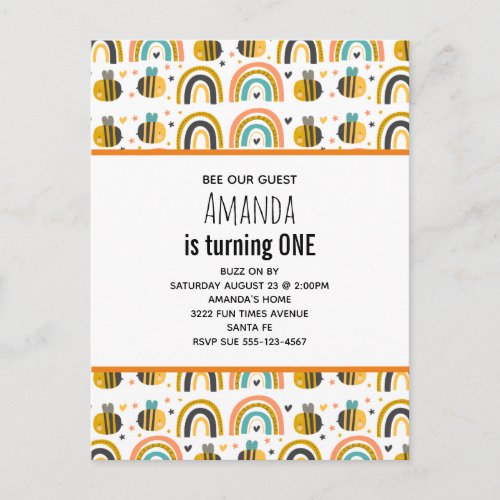 Cute Bumble Bee and Rainbows Pattern Birthday Invi Invitation Postcard