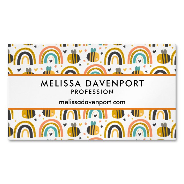 Cute Bumble Bee and Rainbows Pattern Business Card Magnet (Front)