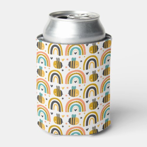 Cute Bumble Bee and Rainbows Pattern Can Cooler