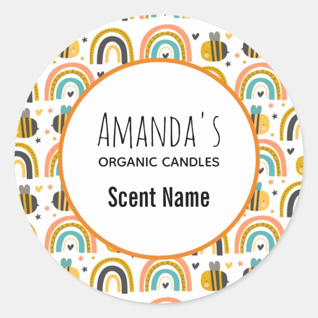 Cute Bumble Bee and Rainbows Pattern Candle Classic Round Sticker (Front)