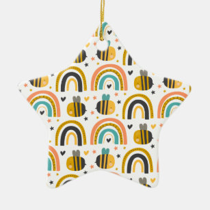 Cute Bumble Bee and Rainbows Pattern Ceramic Ornament