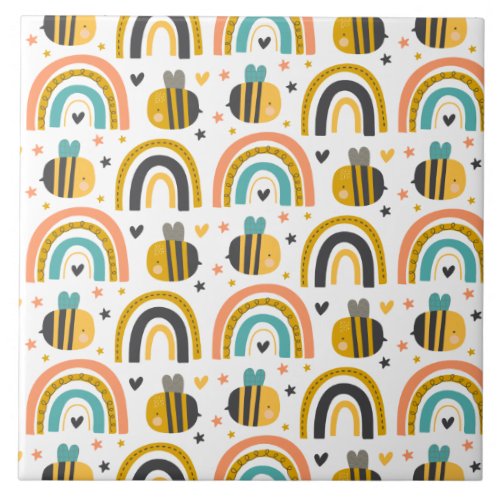 Cute Bumble Bee and Rainbows Pattern Ceramic Tile