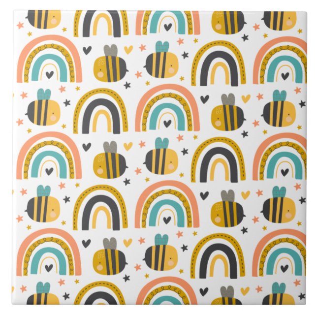 Cute Bumble Bee and Rainbows Pattern Ceramic Tile (Front)