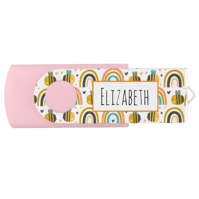 Cute Bumble Bee and Rainbows Pattern Flash Drive (Front)
