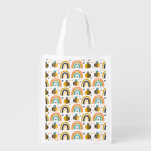 Cute Bumble Bee and Rainbows Pattern Grocery Bag (Front)