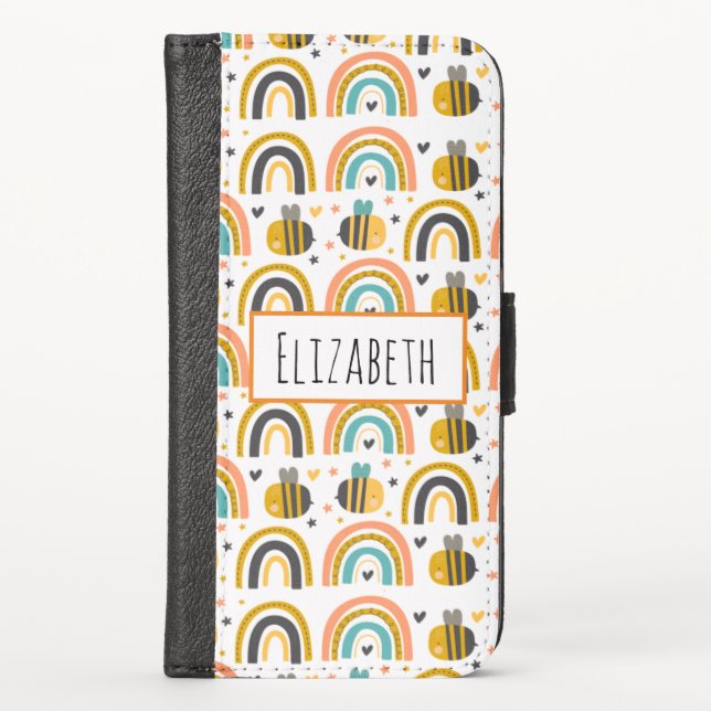 Cute Bumble Bee and Rainbows Pattern iPhone Wallet Case (Front)