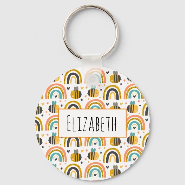 Cute Bumble Bee and Rainbows Pattern Keychain (Front)