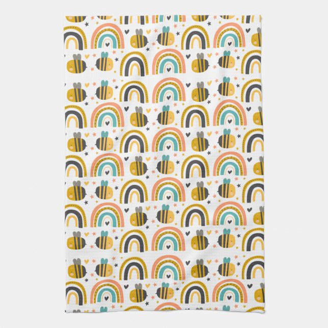Cute Bumble Bee and Rainbows Pattern Kitchen Towel (Vertical)