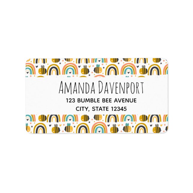 Cute Bumble Bee and Rainbows Pattern Label (Front)