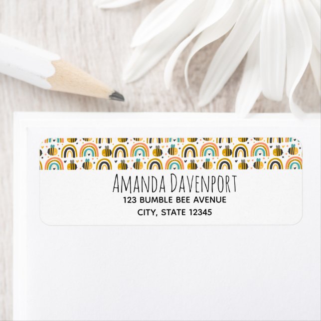 Cute Bumble Bee and Rainbows Pattern Label (Insitu)
