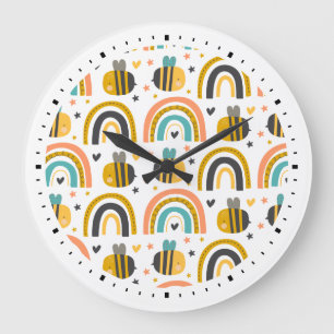 Cute Bumble Bee and Rainbows Pattern Large Clock