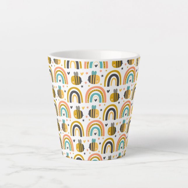 Cute Bumble Bee and Rainbows Pattern Latte Mug (Front)