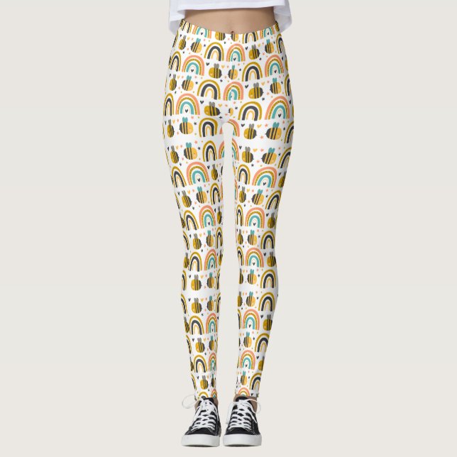 Cute Bumble Bee and Rainbows Pattern Leggings (Front)