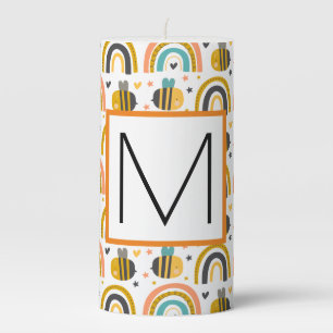 Cute Bumble Bee and Rainbows Pattern Monogram Pillar Candle