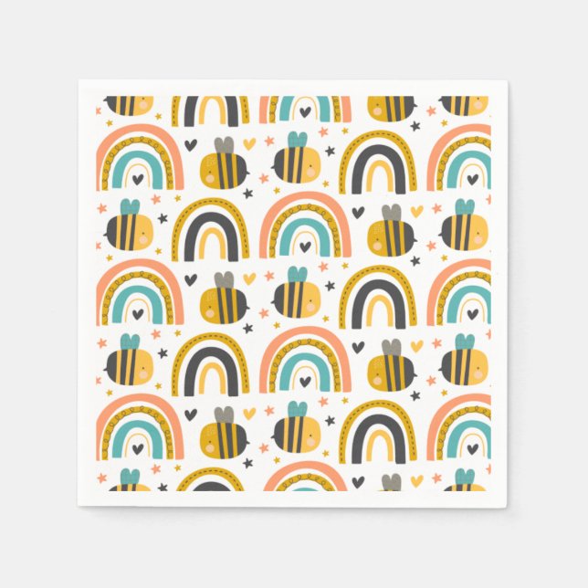 Cute Bumble Bee and Rainbows Pattern Napkins (Front)