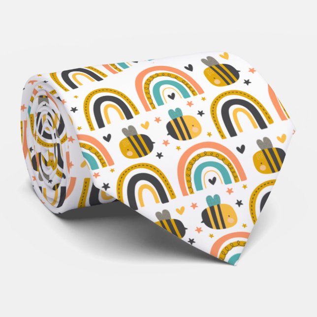 Cute Bumble Bee and Rainbows Pattern Neck Tie (Rolled)