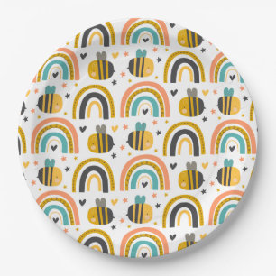 Cute Bumble Bee and Rainbows Pattern Paper Plates