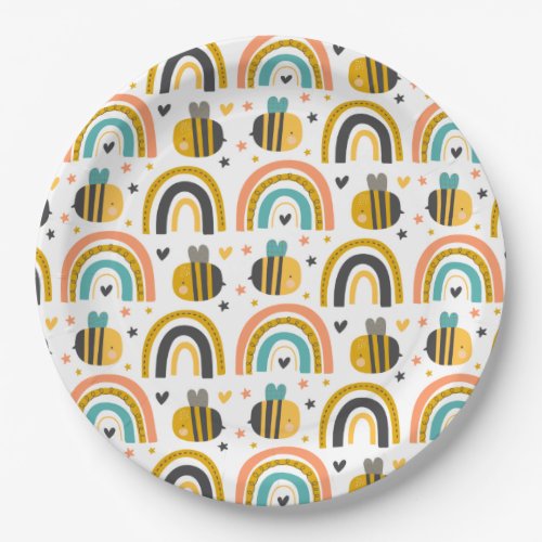 Cute Bumble Bee and Rainbows Pattern Paper Plates
