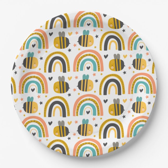 Cute Bumble Bee and Rainbows Pattern Paper Plates (Front)