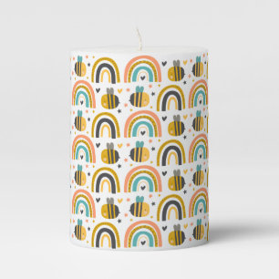 Cute Bumble Bee and Rainbows Pattern Pillar Candle