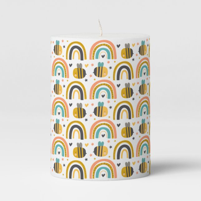 Cute Bumble Bee and Rainbows Pattern Pillar Candle (Front)