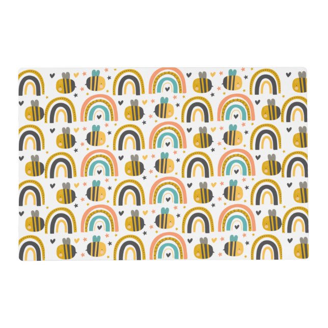Cute Bumble Bee and Rainbows Pattern Placemat (Front)