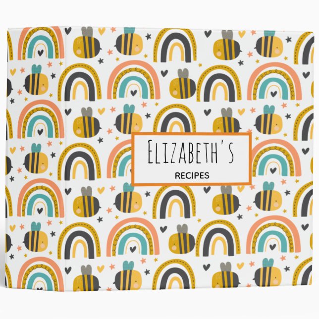 Cute Bumble Bee and Rainbows Pattern Recipe 3 Ring Binder (Front/Spine)