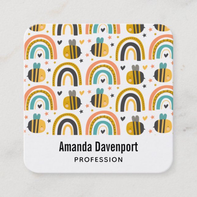 Cute Bumble Bee and Rainbows Pattern Square Business Card (Front)