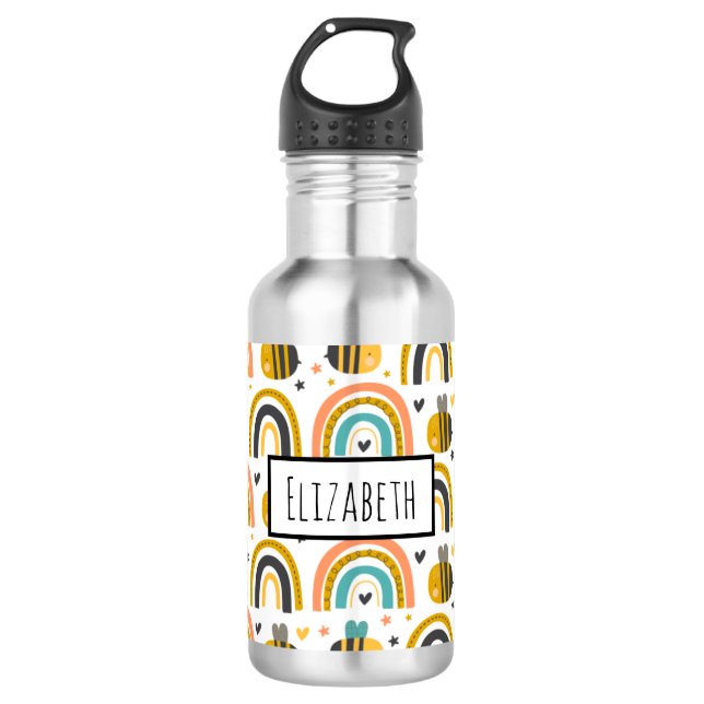 Cute Bumble Bee and Rainbows Pattern Stainless Steel Water Bottle (Front)