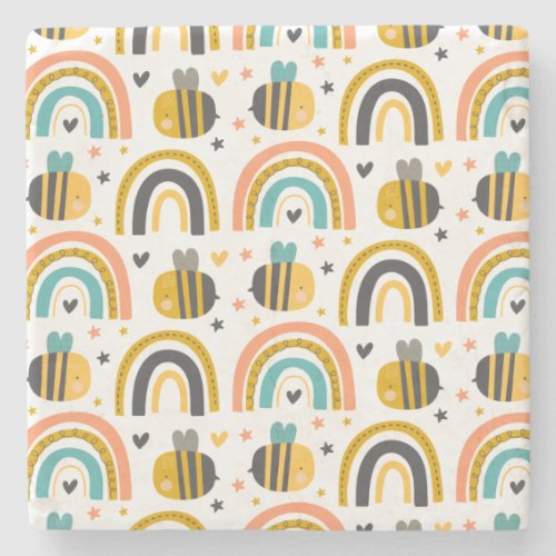 Cute Bumble Bee and Rainbows Pattern Stone Coaster