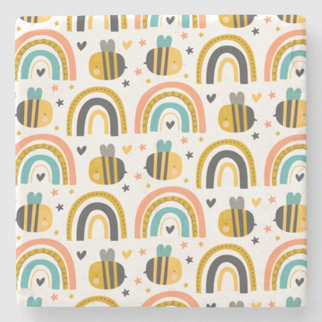 Cute Bumble Bee and Rainbows Pattern Stone Coaster (Front)