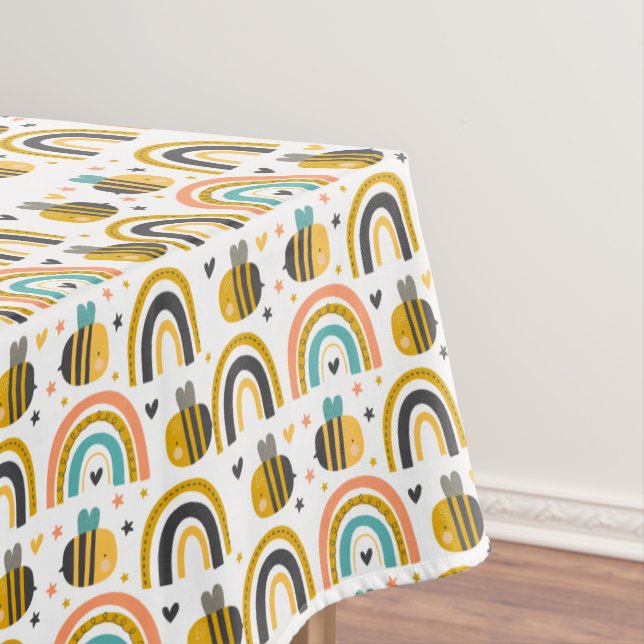 Cute Bumble Bee and Rainbows Pattern Tablecloth (In Situ)