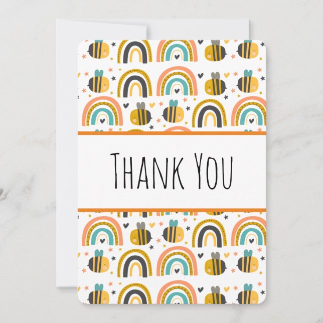 Cute Bumble Bee and Rainbows Pattern Thank You Card (Front)