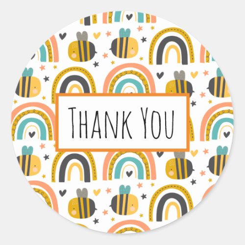 Cute Bumble Bee and Rainbows Pattern Thank You Classic Round Sticker