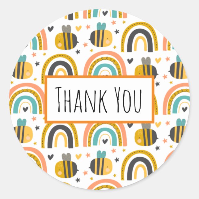 Cute Bumble Bee and Rainbows Pattern Thank You Classic Round Sticker (Front)