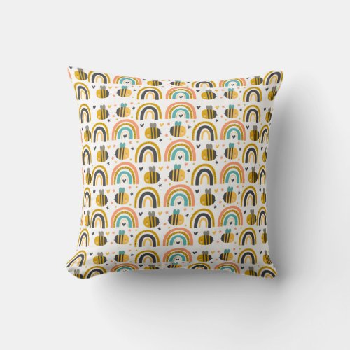 Cute Bumble Bee and Rainbows Pattern Throw Pillow