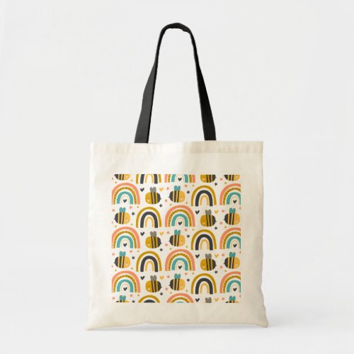 Cute Bumble Bee and Rainbows Pattern Tote Bag