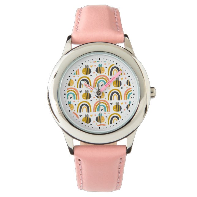 Cute Bumble Bee and Rainbows Pattern Watch (Front)