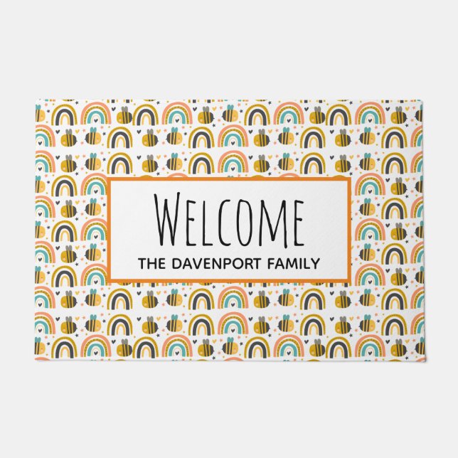 Cute Bumble Bee and Rainbows Pattern Welcome Doormat (Front)