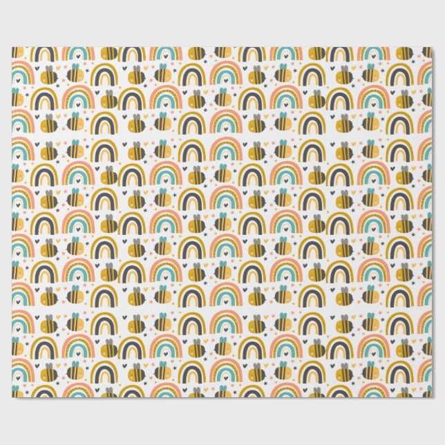 Cute Bumble Bee and Rainbows Pattern Wrapping Paper (Flat)