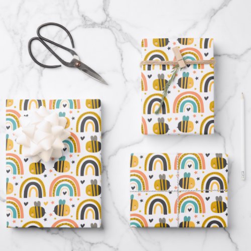 Cute Bumble Bee and Rainbows Pattern Wrapping Paper Sheets