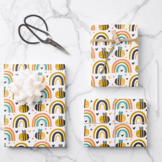 Cute Bumble Bee and Rainbows Pattern Wrapping Paper Sheets (Front)